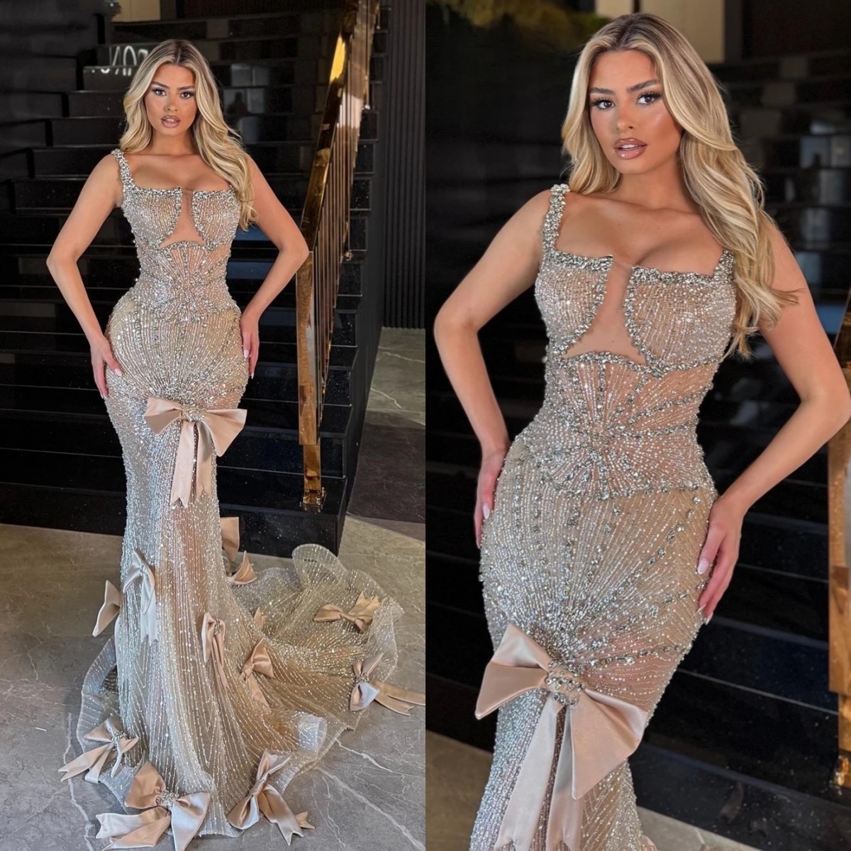 Royal Square Neck Crystal Mermaid Evening Dress Glitter Sequined Sleeveless Bridal Gown Bow Appliques Bride Dresses Customized