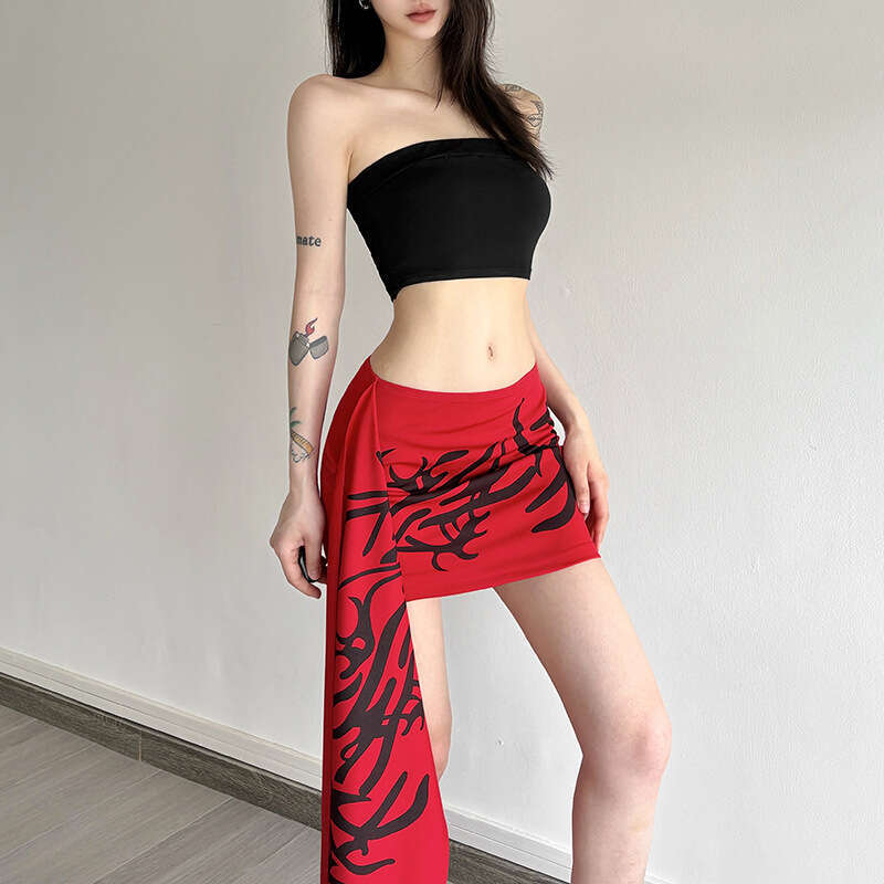 2025 Summer New Trendy Personality Red and Black Color Block Small Ribbon Versatile Bodycon Sexy Mini Skirt e83