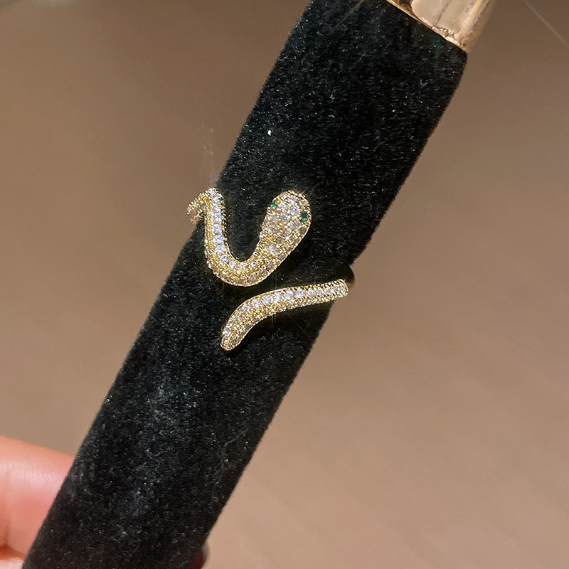 Gold Tone Snake Shaped Ring Pave Crystal Body & Green Gemstone Eyes Edgy Party Jewelry And Gift For Her High Quality Stylish Design