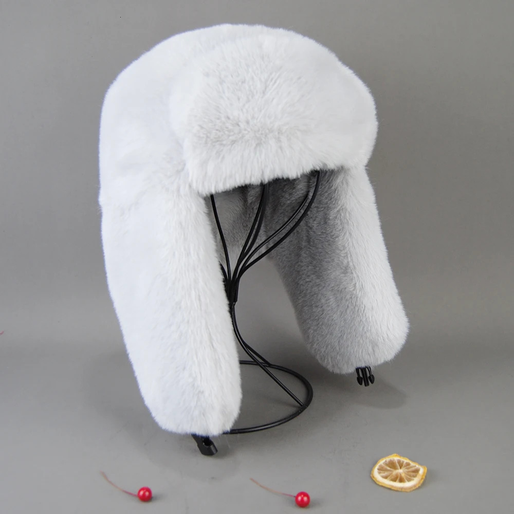 Winter Russian Man Woman White Skin Faux Rex Rabbit Fur Hats Faux Rex Rabbit Fur Cap Unisex Faux Fur Bomber Hat 250724