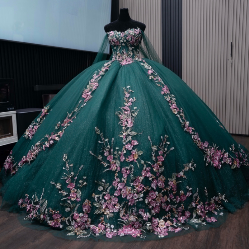 Blackish Green Shiny Quinceanera Dresses Ball Gown Off The Shoulder Applique Lace Beads Tull With Cape Party Birthday Sweet 16 Dress Vestidos 15 Anos