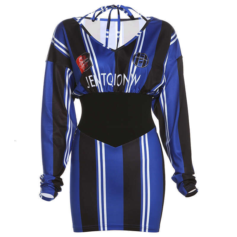 2024 Summer New Women's Solid Color Slim High Waist Fashion V-neck Long Sleeve Printed Dress 6b5