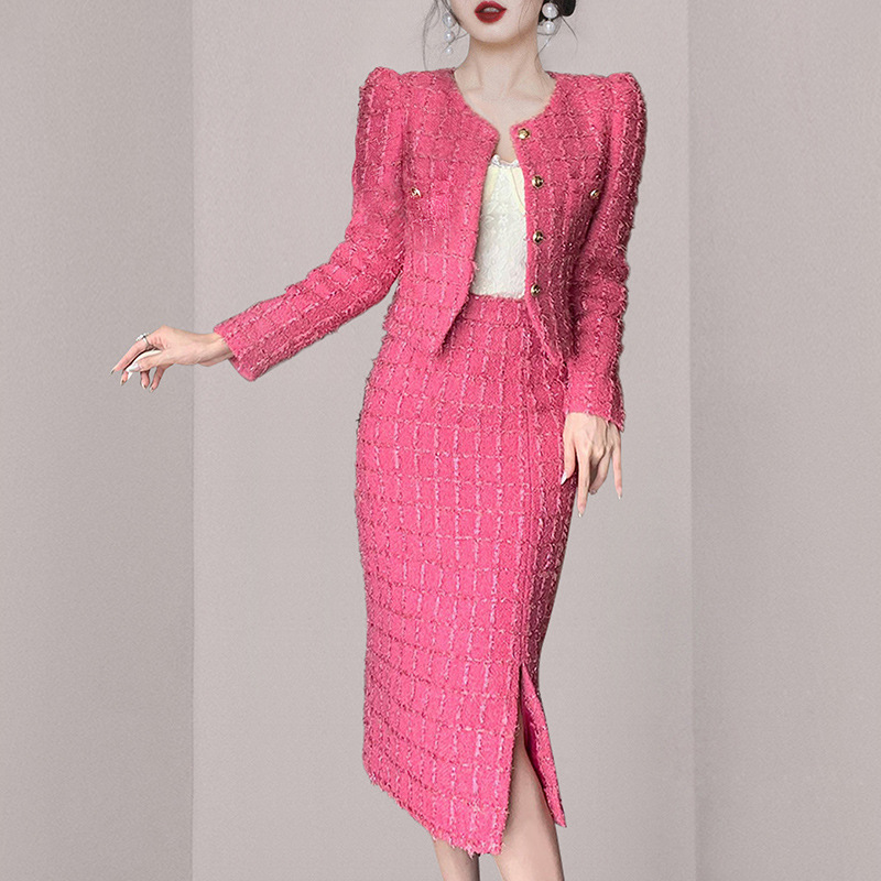 Womens Two Piece Dress Sets With Cinched-Waist Jacket and Mid-Length Body-Hugging Skirt for Women