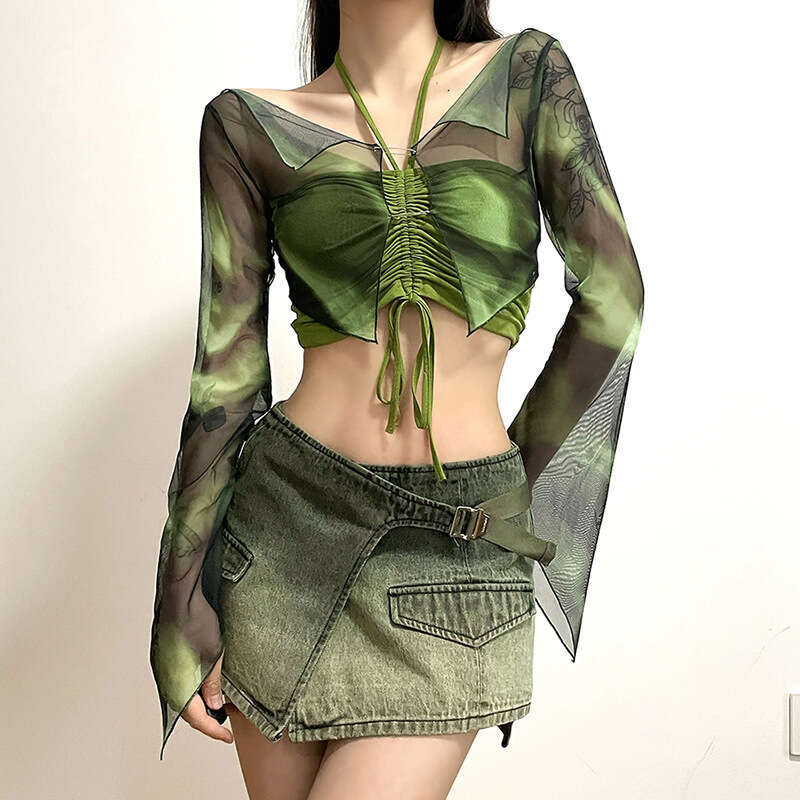 2023 Summer New Fashion Printed Long Sleeve Blouse Halter Neck Tube Top Two-Piece Set for Women 33c
