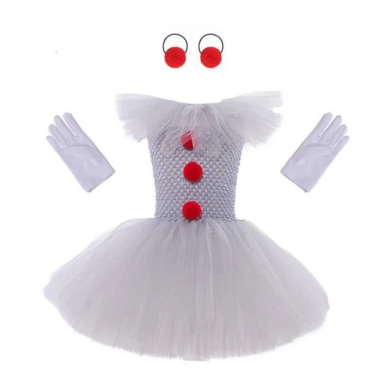 Kids Gray Circus Clown Tutu Dress Girls Funny Joker Halloween Outfit for Birthday Carnival Parties Dress + Gloves + Hairband Z250725