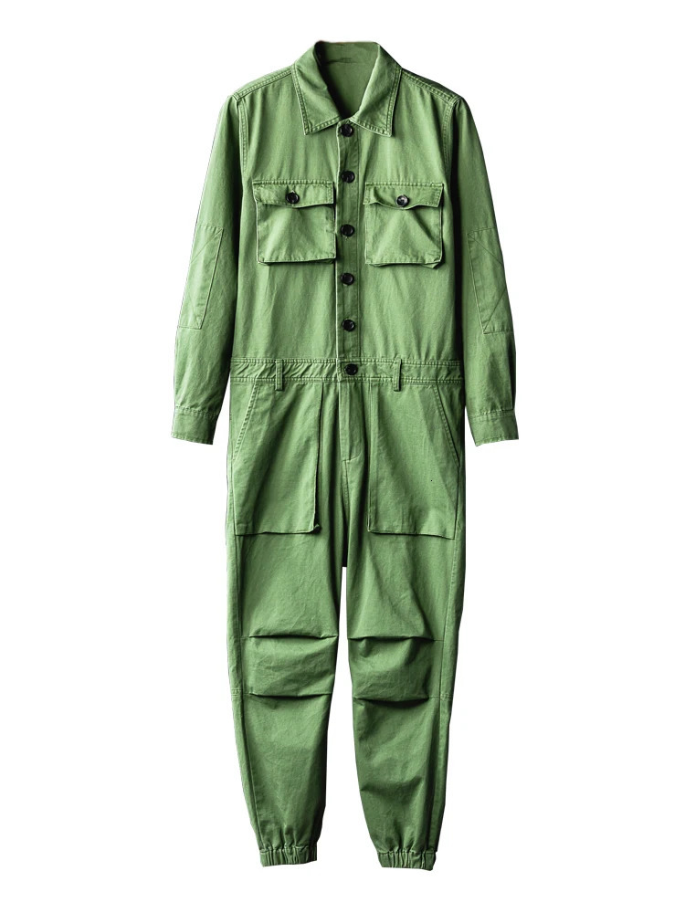 Mens Jumpsuit Lapel Long Sleeve Multipocket Ankle Length Beam Feet Overalls Fashion Black Yellow Freight Trousers Cargo Pants 250725