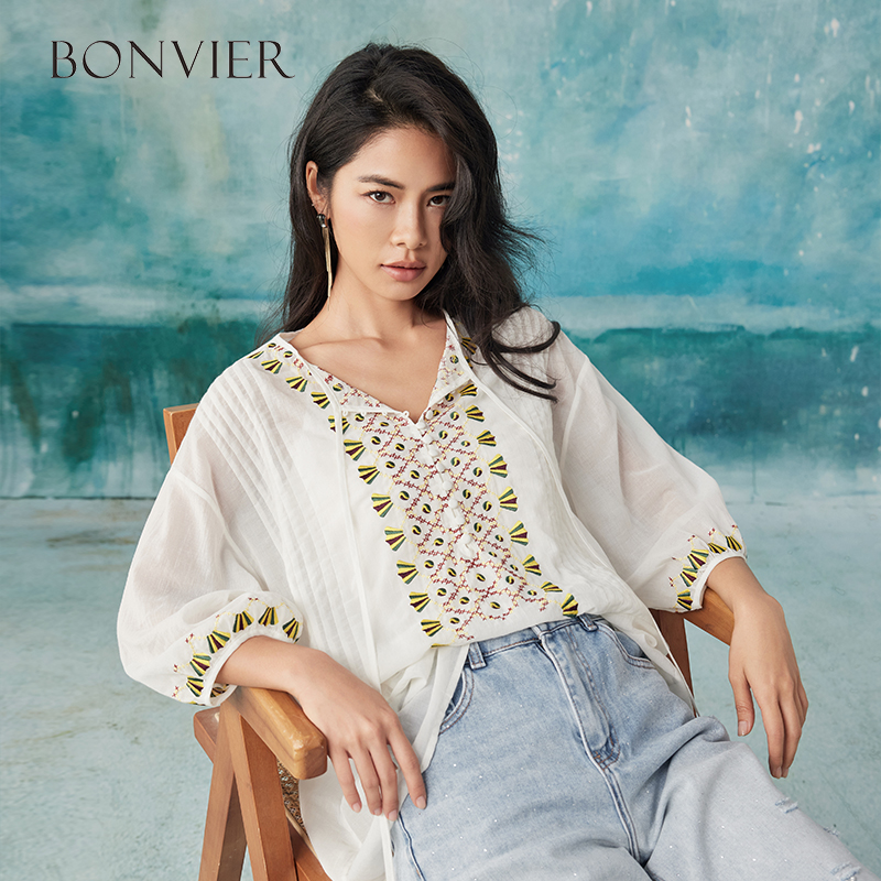 2025 Loose 3/4 sleeve lace blouses shirt women vintage cotton Button v neck causal boho blusa summer blouse femme top 6112512