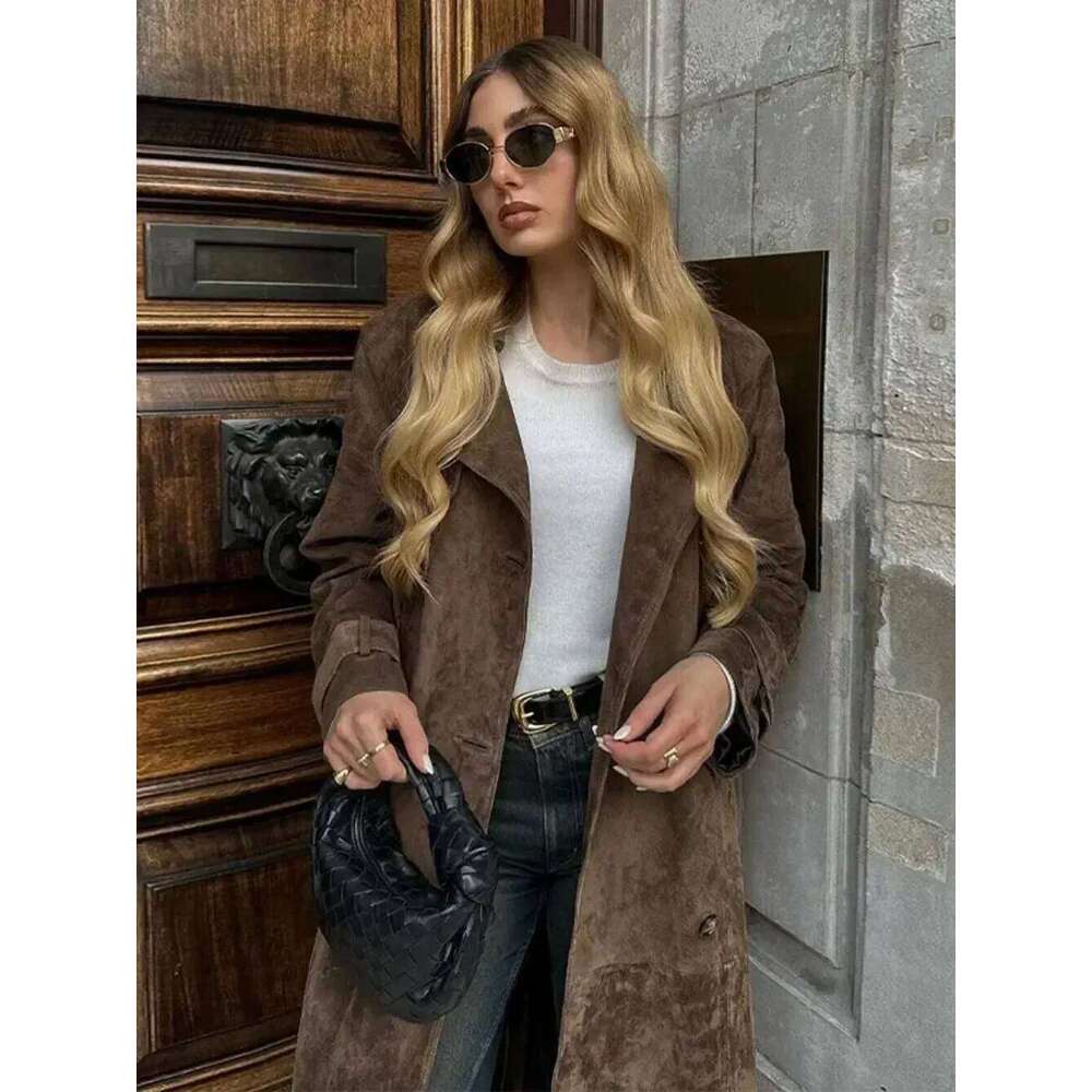 Designer Clothing Chic Lapel Long Sleeve Fashion Brown Women Imitation Deer Fur Coat High Street Outwear Double-Breasted Windbreaker Autumn Lady Fashi