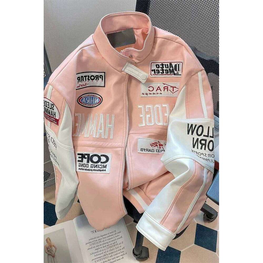 Trend Hip Hop Motorcycle Women's UP Leather American Pink Jacket Y2K ing High Quality Embroidered Windproof Jackets