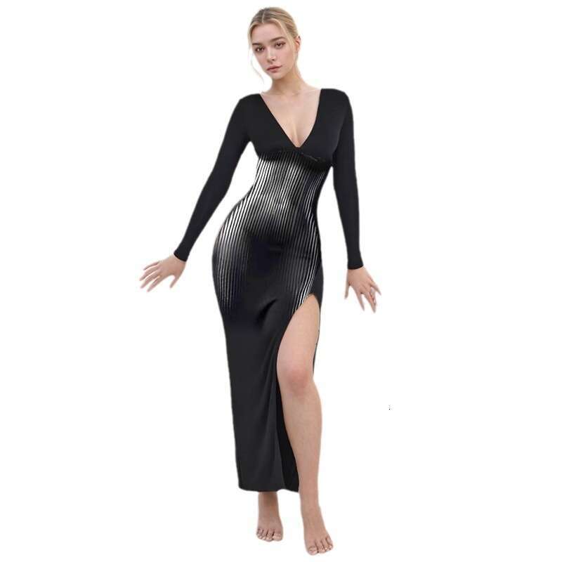 Qds464 Women's Autumn New Printed Deep V-Neck Long Sleeve High Waist Slim Fit Split Bodycon Dress B5