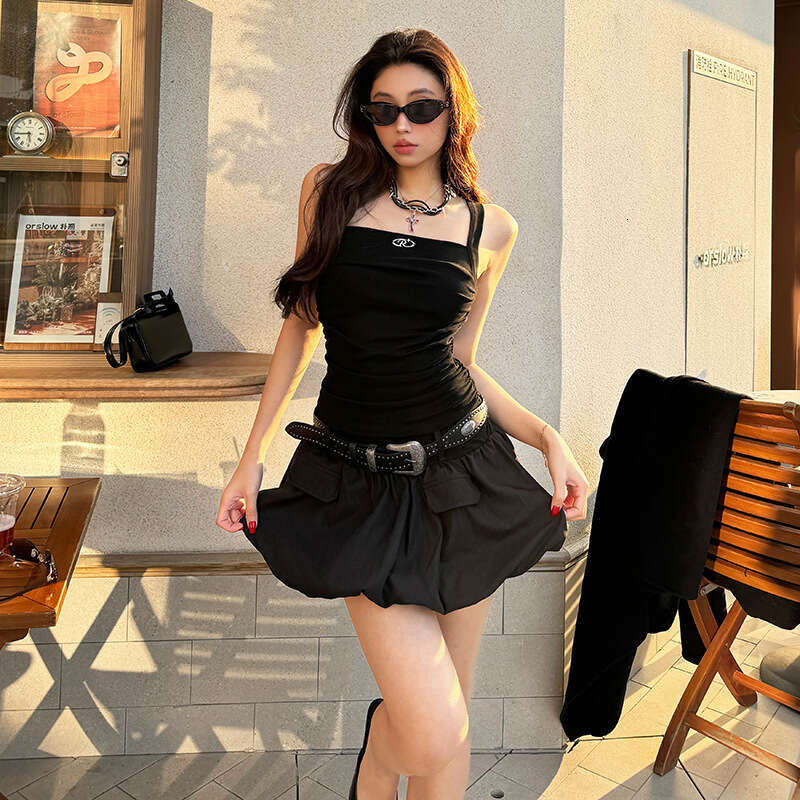2025 Spring New Street Fashion Sexy Solid Color Double Strap Waist-Cinching Dress for Women a68