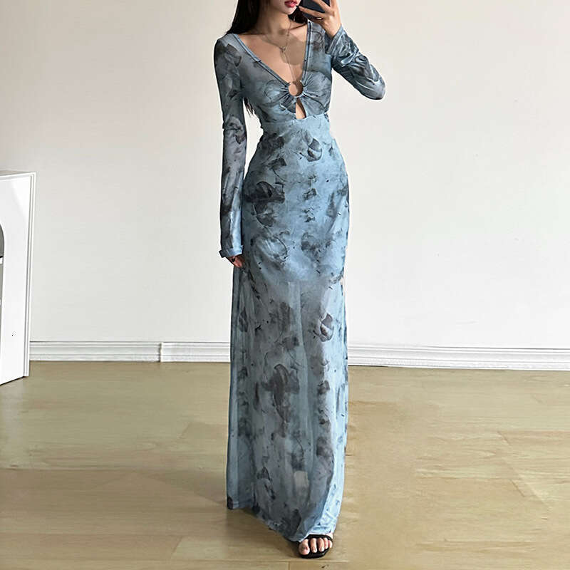 2024 Summer New Women's Solid Color Slim Fit Fashion V-Neck High Waist Long Sleeve Dress a81