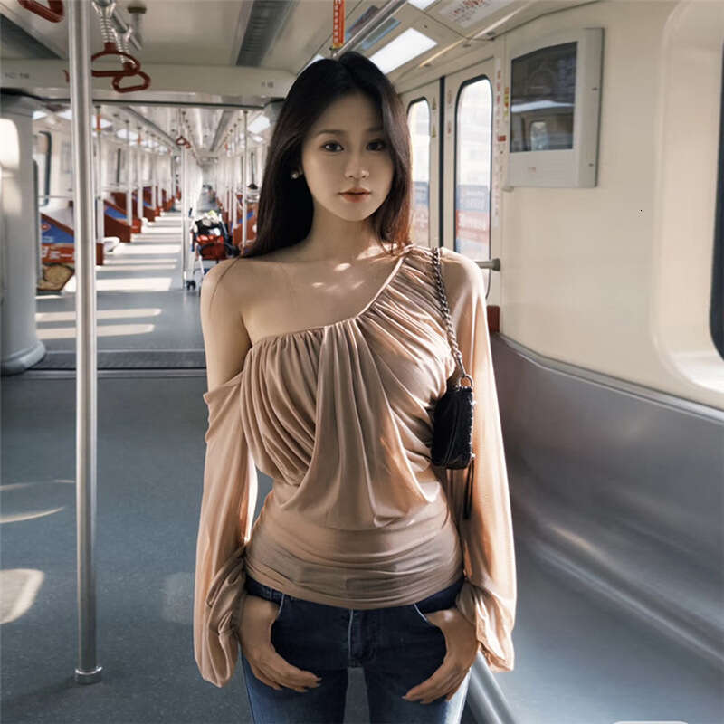 2025 Women's Summer New Fashion Street Style Solid Color Sexy Asymmetric Neck Long Sleeve T-Shirt cd1