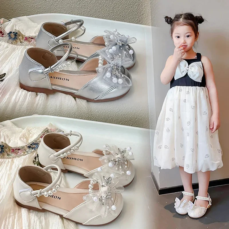 Girls Dance Shoes Mesh Lace Bows Sweet Butterfly Summer Kids Half Sandals Wedding Ins Trendy Princess Pearls 250725
