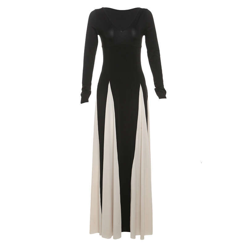 2024 Autumn New Women's Fashion Color-Block V-Neck Slim Fit Patchwork Dress d8f
