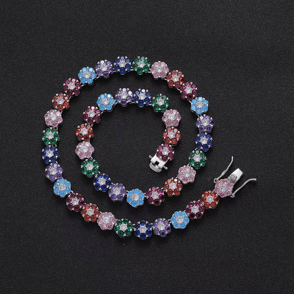 BC223 9mm Colorful CZ Chain Women Necklace Fashion Jewelry Flower Shape Bright Color Tennis Chain Necklace