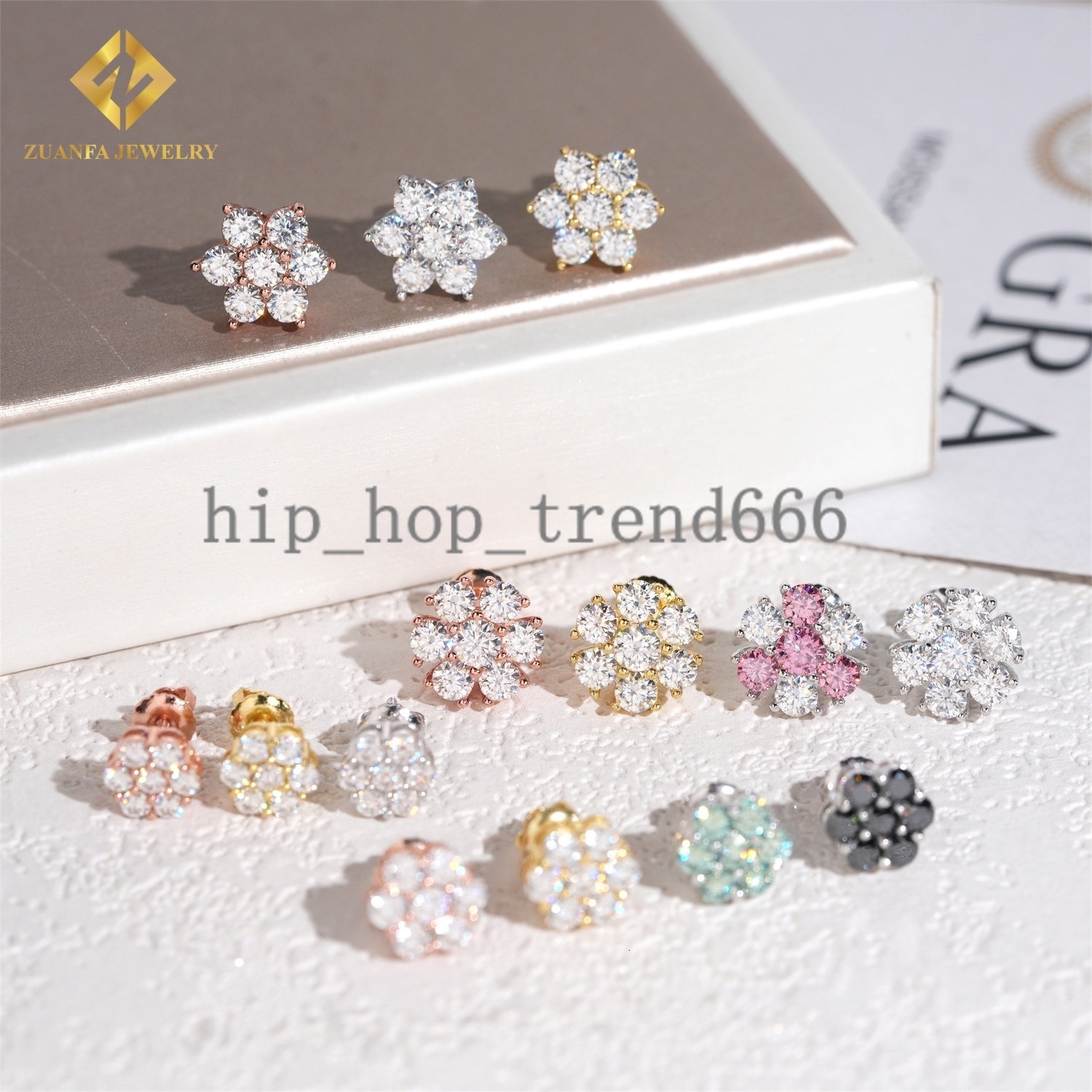 Women Luxury Hot Sale Gold Plated Hip Hop Jewelry Multi Size 925 Sterling Silver Flower Cluster Moissanite Diamond Stud Earrings