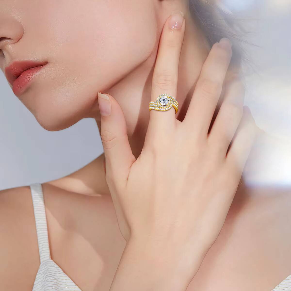 Luxury Rings 3pcs Set Wedding Engagement 925 Sterling Silver 18K Gold Woman Moissanite Diamonds Finger Ring