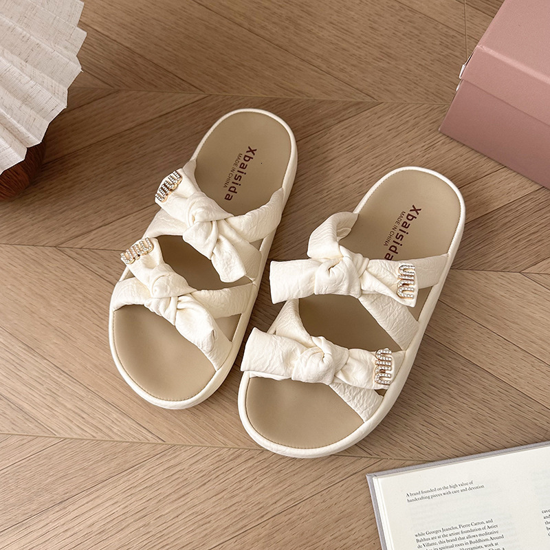 Ddmysports Summer New Bowknot Thick Sole Slippers Outdoor Open Toe One Strap Fashion Silver Mid Heel Sandals Outdoor Shoes