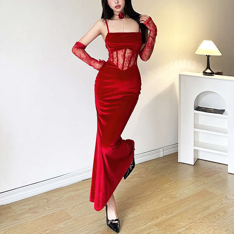 2023 Autumn Winter New Women's Solid Color Slim High Waist Fashion Off-Shoulder Strap Dress 498
