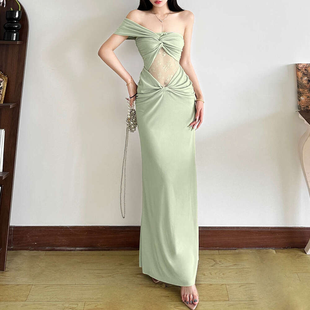 2025 Summer New Slim Sexy Vacation Style Mesh Patchwork Elegant Waist-Cinching Dress Women's Fashion 662