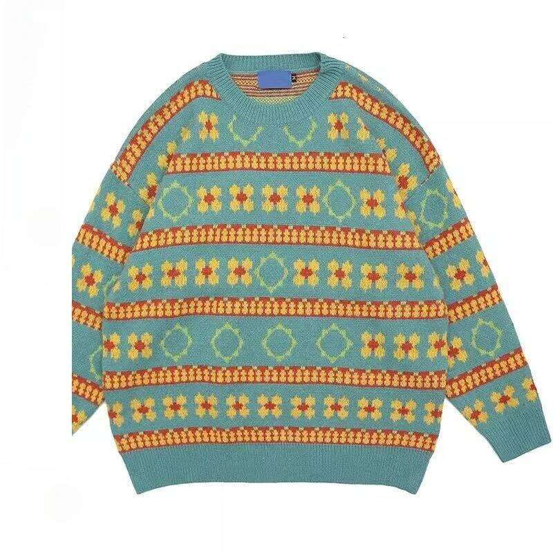 Autumn Winter Japanese Pullover Striped Floral Pattern Long Sleeved Knitted BF Loose Lazy Style Couple Sweater Jacket