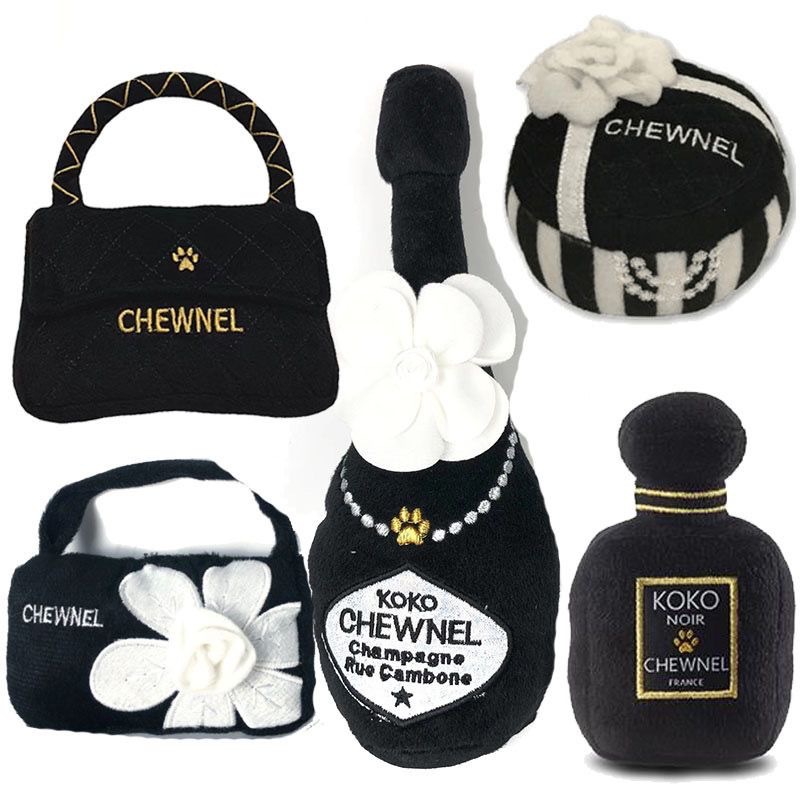 Luxury Pets Dogs Chew Toy: Squeaky Black & White Handbag Perfume Bottle Collection