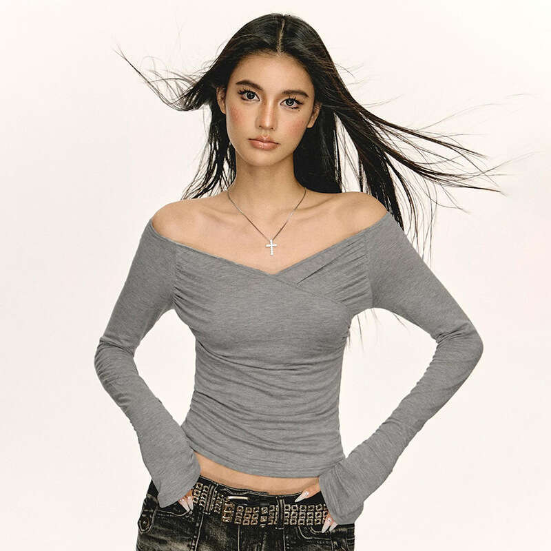 Qtp569 Women's Autumn New Solid Color V-Neck Two-Way Sexy Long Sleeve T-Shirt Top For Women B5