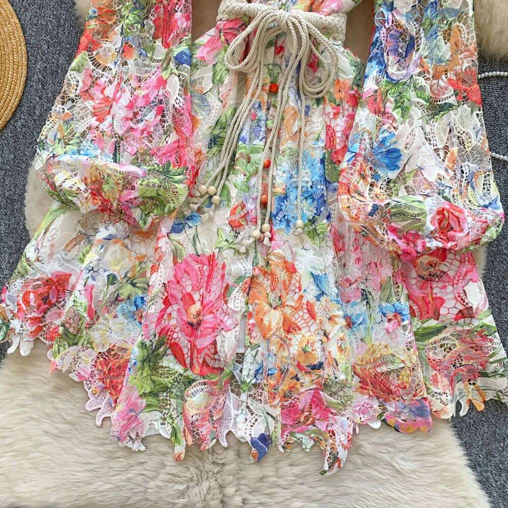 Elegant Hollow Out Short Evening Dresses Women Summer Autumn Holiday Long Lantern Sleeve Fancy Flower Party Dress Shirt