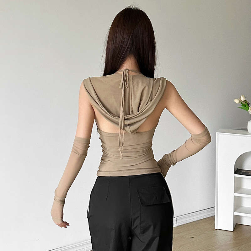 2024 Summer New Women's Solid Color Slim Street Fashion Hooded Sleeveless Backless Top 2f0