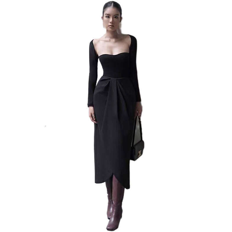 Women's Clothing 2024 Autumn Winter New Solid Color Sexy Long Sleeve Square Neck High Waist Dress for Women 315