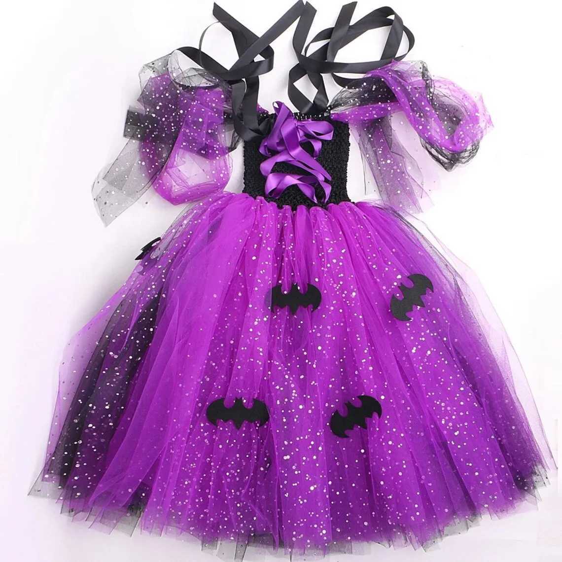 2025 Halloween Festive Par Girls Cosplay Witch Purple Puffy Sleeveless Bat Decoration Dress Girls Classic Festive Clothing Set Z250725