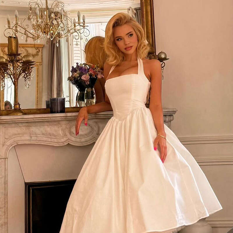 2025 Ins Style Summer New French Halter Neck Sexy Slim Backless Waist-Cinching Dress for Women 215