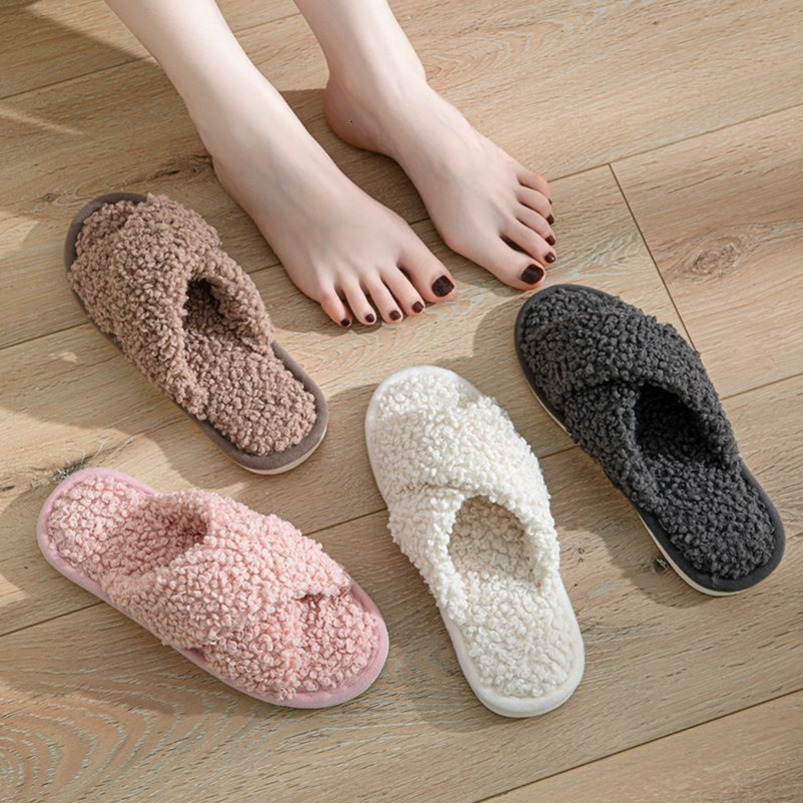 Ins Style Furry Cross Strap Home Comfortable Plush Cotton Slippers for Women