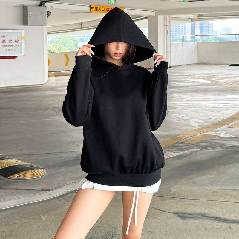 2024 Autumn New Women's Solid Color Loose Street Fashion Hooded Long Sleeve Mid-Length Sweatshirt 1bb