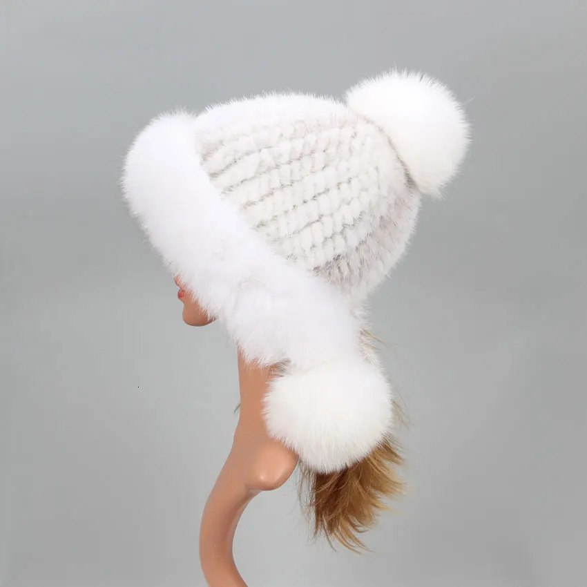 Mink Fur Hat with Fox Fur Ball Earmuffs Protective Cap Winter Hat for Women Russian Autumn Hat Fox Fur Beanies Fall Bonnets 250724