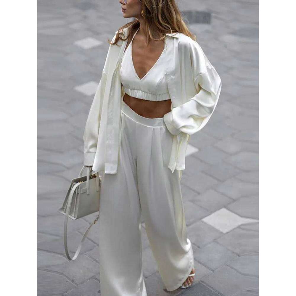 Designer Leisure High Quality Elegant Silk Shirt Bra Pants Sets 3 Pieces Women Casual Single Breasted Lapel Loose Shirts Corset Straight Trousers Suit