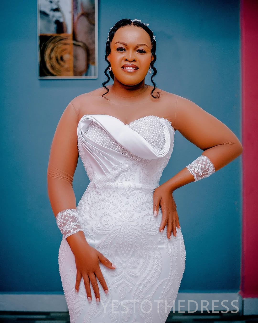 2025 Plus Size Wedding Dresses Bridal Gowns Mermaid Illusion Sheer Neck Long Sleeves Beaded Lace Tiered Tulle Pearls Wedding Gowns for African Black W