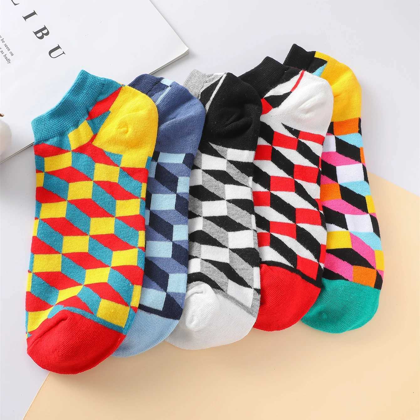 5 Pairs/Pack Men Spring Summer Thin Breathable Cotton Ankle Socks Geometry Pattern Fashion Casual Short Socks X250725