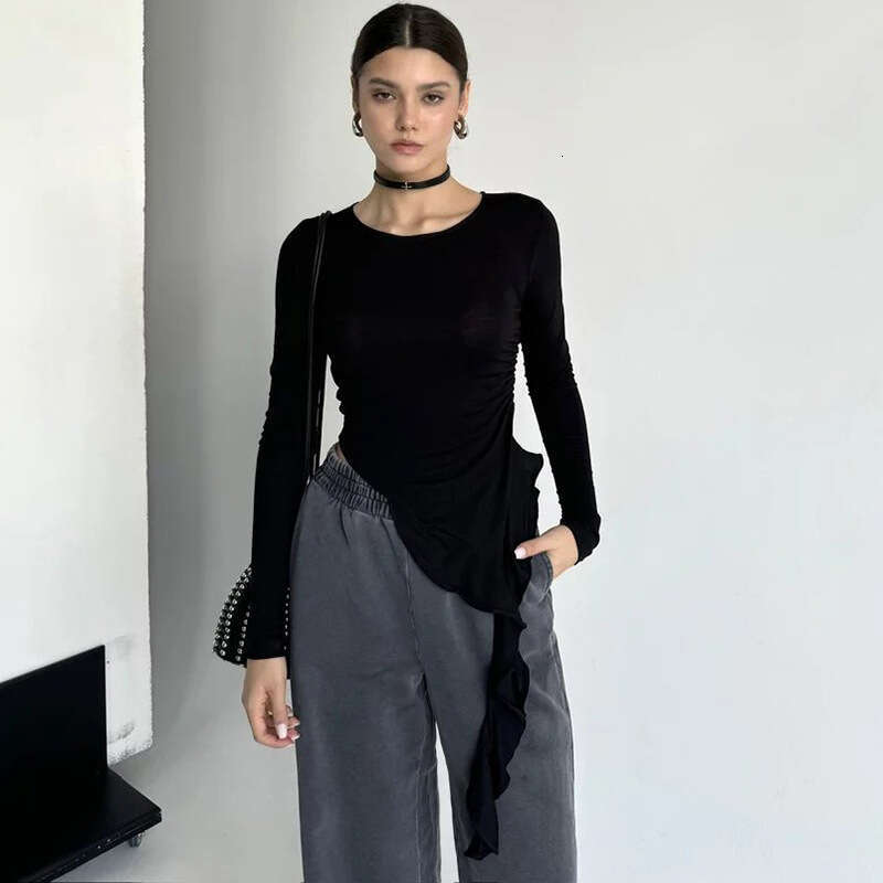 Gtp6 Women's Autumn New Solid Color Round Neck Ruffled Long Sleeve T-Shirt Top B5