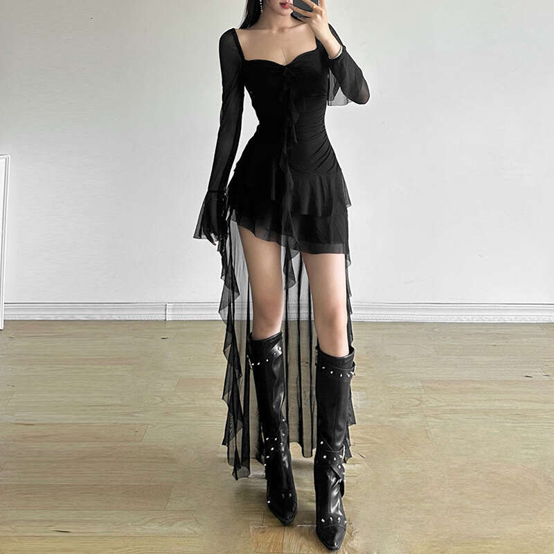 2024 Autumn New Women's Solid Color Slim High Waist Fashion Square Neck Long Sleeve Sheer Dress 06d
