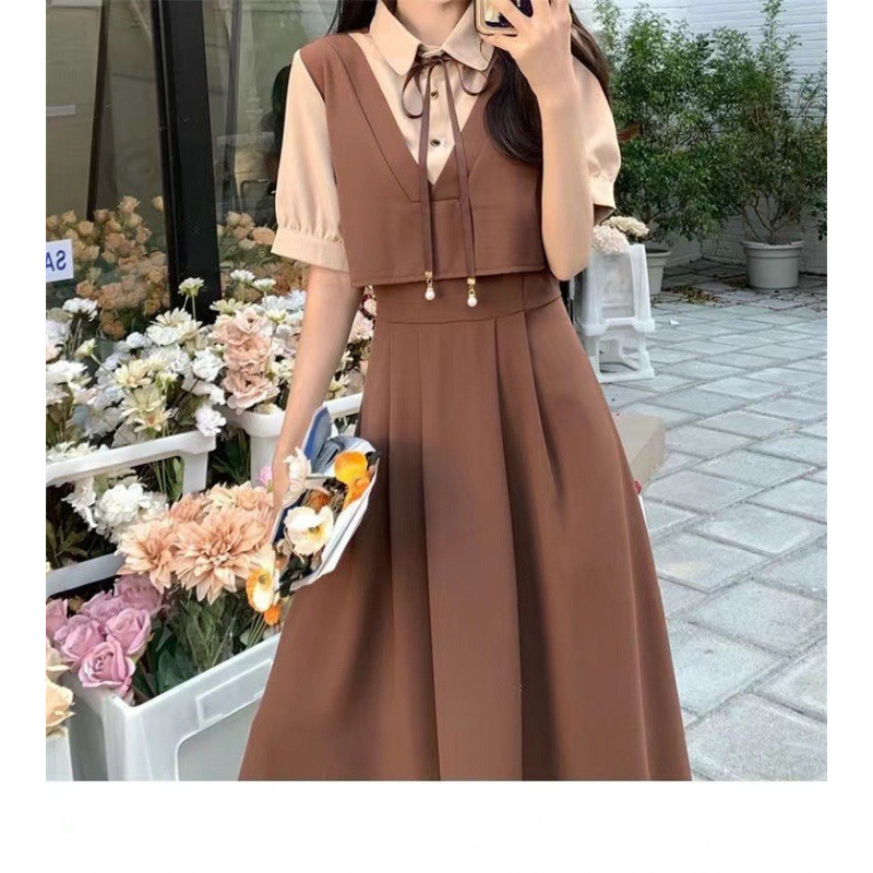 DR150 French style age-reducing belly-covering retro square-neck over-the-knee long skirt