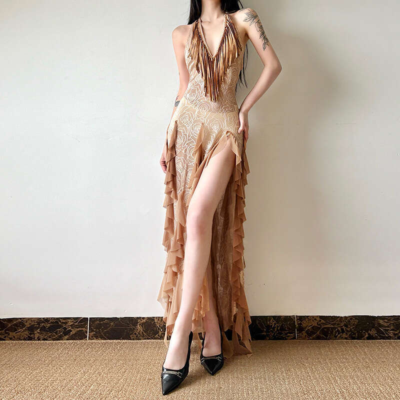 2025 Style Sexy Fashion Sleeveless Slimming Halter Neck Irregular Ruched Hem Split Dress for Women cc8