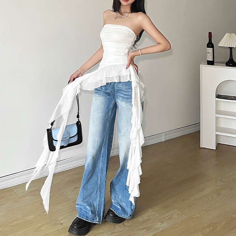 2024 Spring New Women's Solid Color Slim Fit Street Fashion Off-Shoulder Sleeveless Ruched Top 4aa