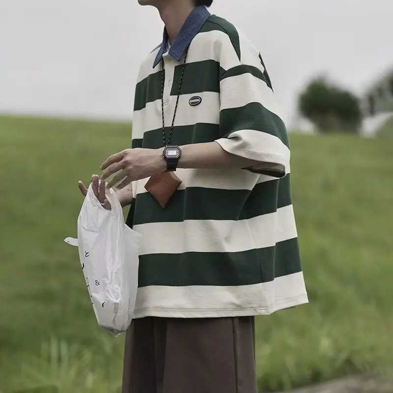 Japanese Retro Striped Color Blocked Short Sleeved Polo Shirt For Mens Y2K Summer Trend Loose And Versatile Polo Shirt Fashion XJ250725