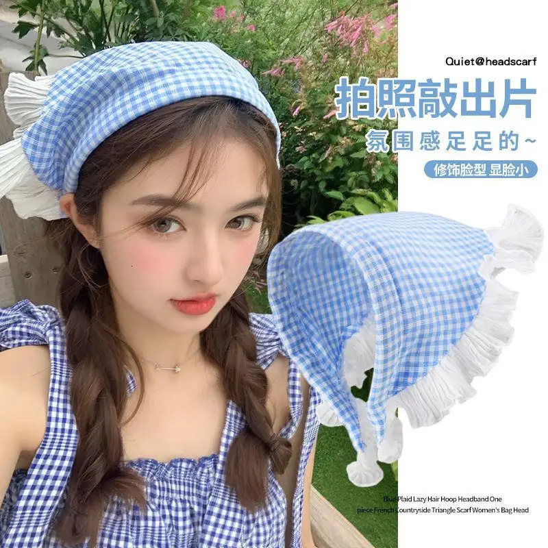 INS Lace Plaid Korean Triangle Hair Band Hair Scarf Women Travel Po Headband Sunscreen Headscarf Girls Cotton Neckerchief 250723
