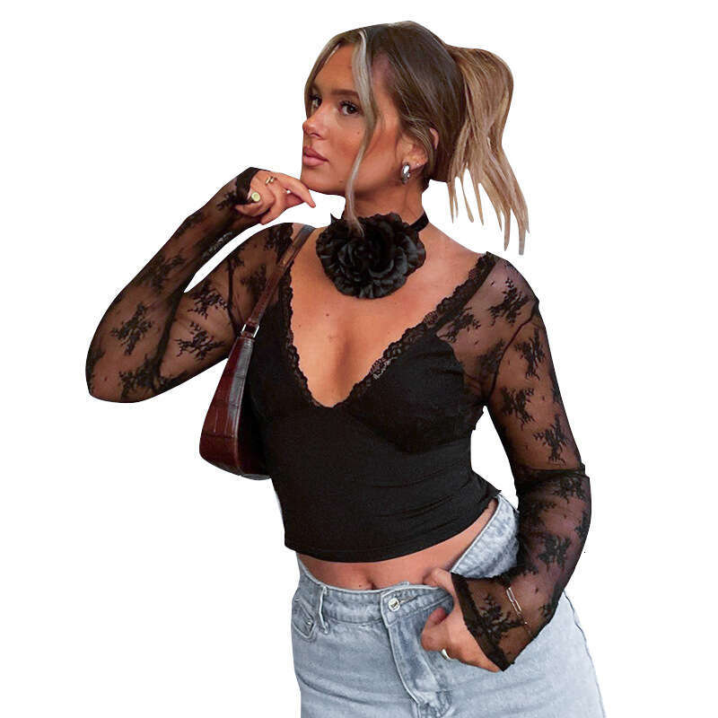 Q25tp001 Women's Spring And Summer New Solid Color Sexy Spliced Lace T-Shirt Top For Women B5