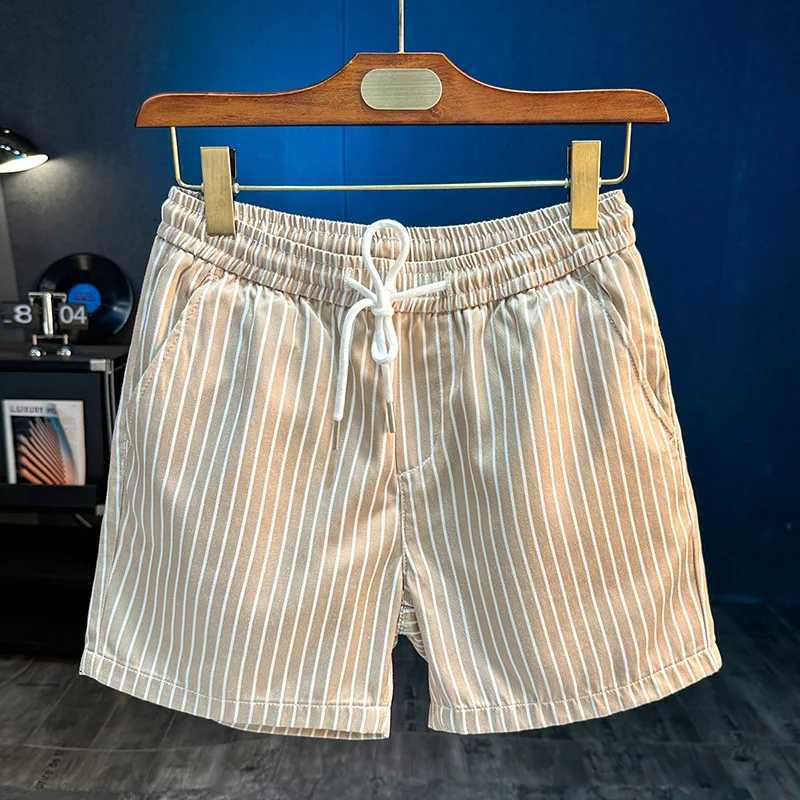 2025 Summer New Striped Quarter Pants Mens Casual Slimming Straight Tube Ice Feel Drawstring Beach Shorts W250724