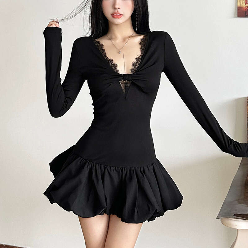 2024 Autumn New Women's Solid Color Sexy Long Sleeve V-Neck Lace Trim Dress 68a