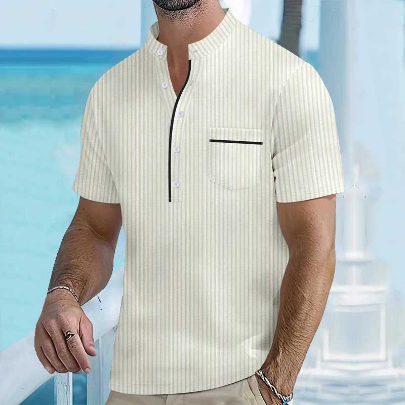 Summer Stand Up Collar Mens Short Sleeve Polo Shirt Male Business Casual Henry Shirt Striped Pocket Soft and Comfortable Top XJ250725